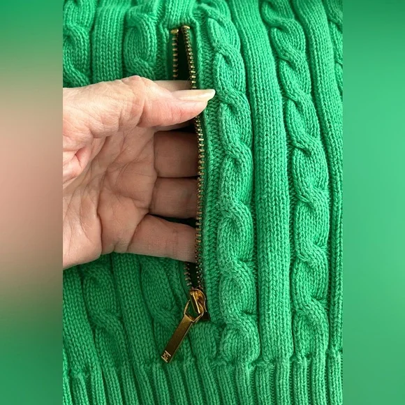 Lauren Ralph Lauren Emerald Green Cable Knit Sweater Jacket Gold Zip Size L - Picture 9 of 11